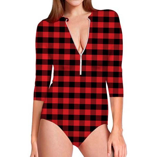 Red And Black Check Pattern Print Long Sleeve Swimsuit