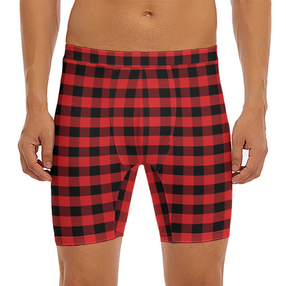 Red And Black Check Pattern Print Men's Long Boxer Briefs