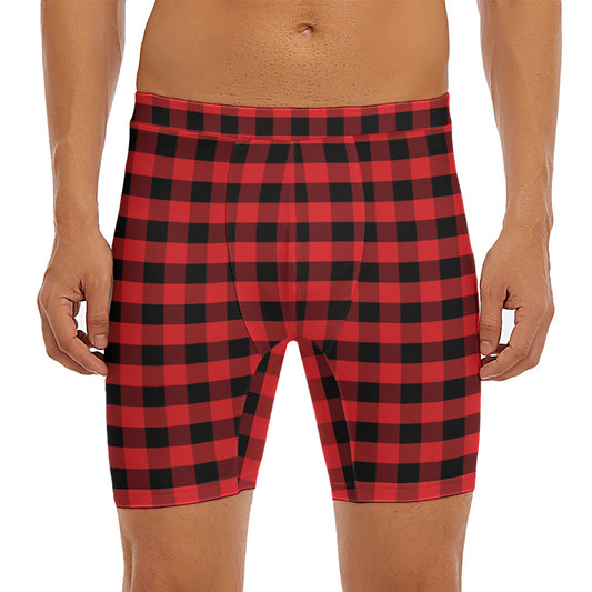 Red And Black Check Pattern Print Men's Long Boxer Briefs