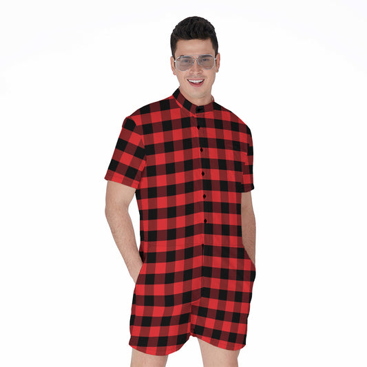 Red And Black Check Pattern Print Men's Rompers