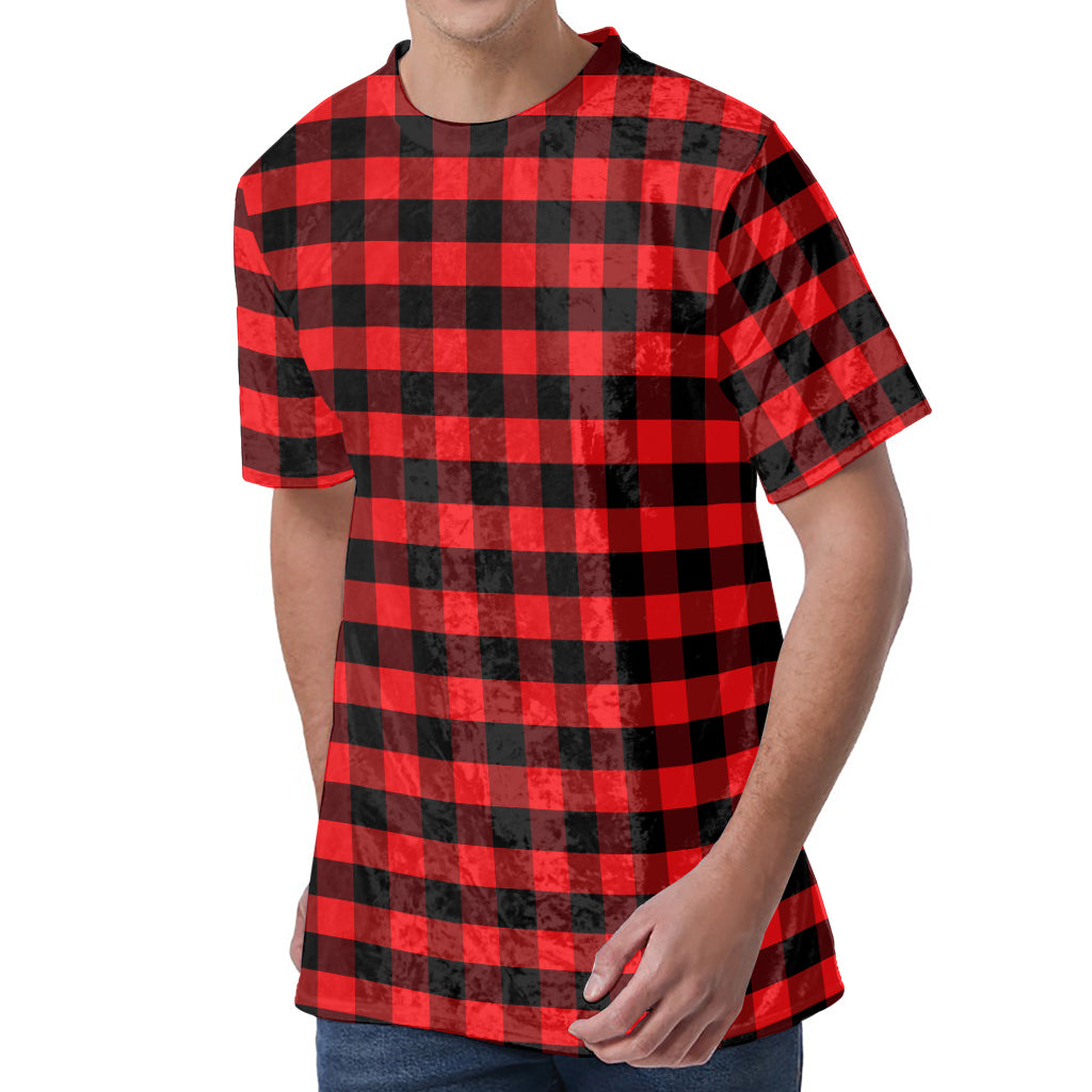 Red And Black Check Pattern Print Men's Velvet T-Shirt