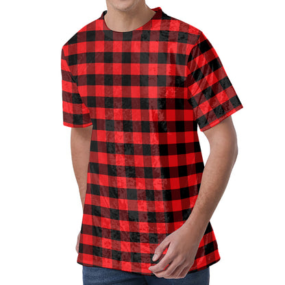 Red And Black Check Pattern Print Men's Velvet T-Shirt