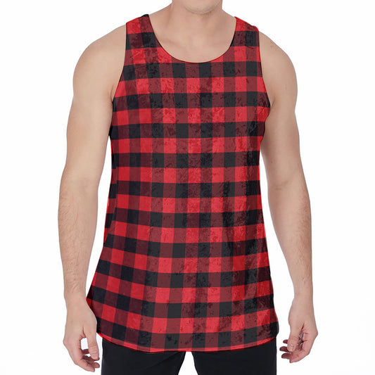 Red And Black Check Pattern Print Men's Velvet Tank Top