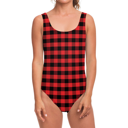 Red And Black Check Pattern Print One Piece Swimsuit