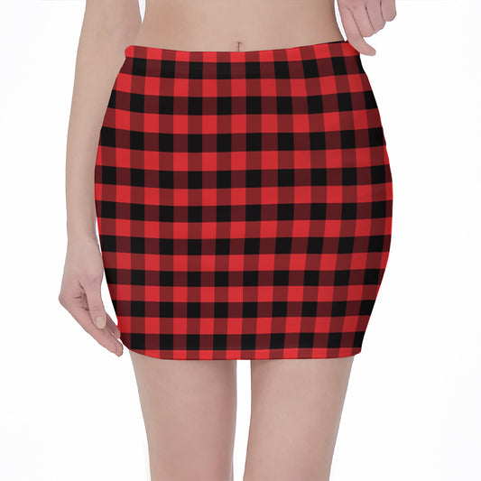 Red And Black Check Pattern Print Pencil Mini Skirt