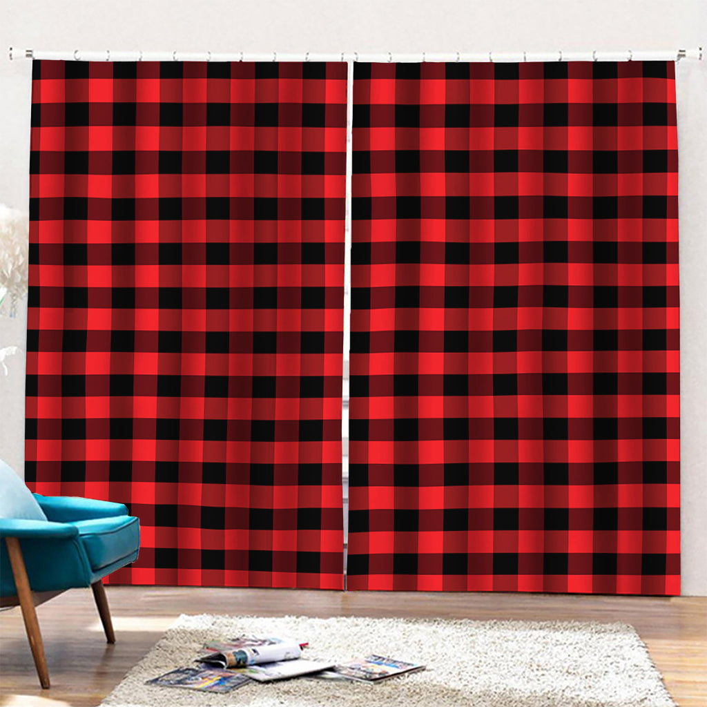 Red And Black Check Pattern Print Pencil Pleat Curtains