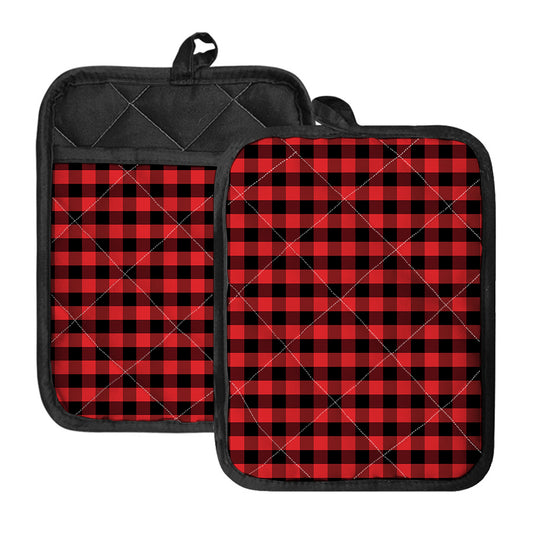 Red And Black Check Pattern Print Pot Holders With Pocket