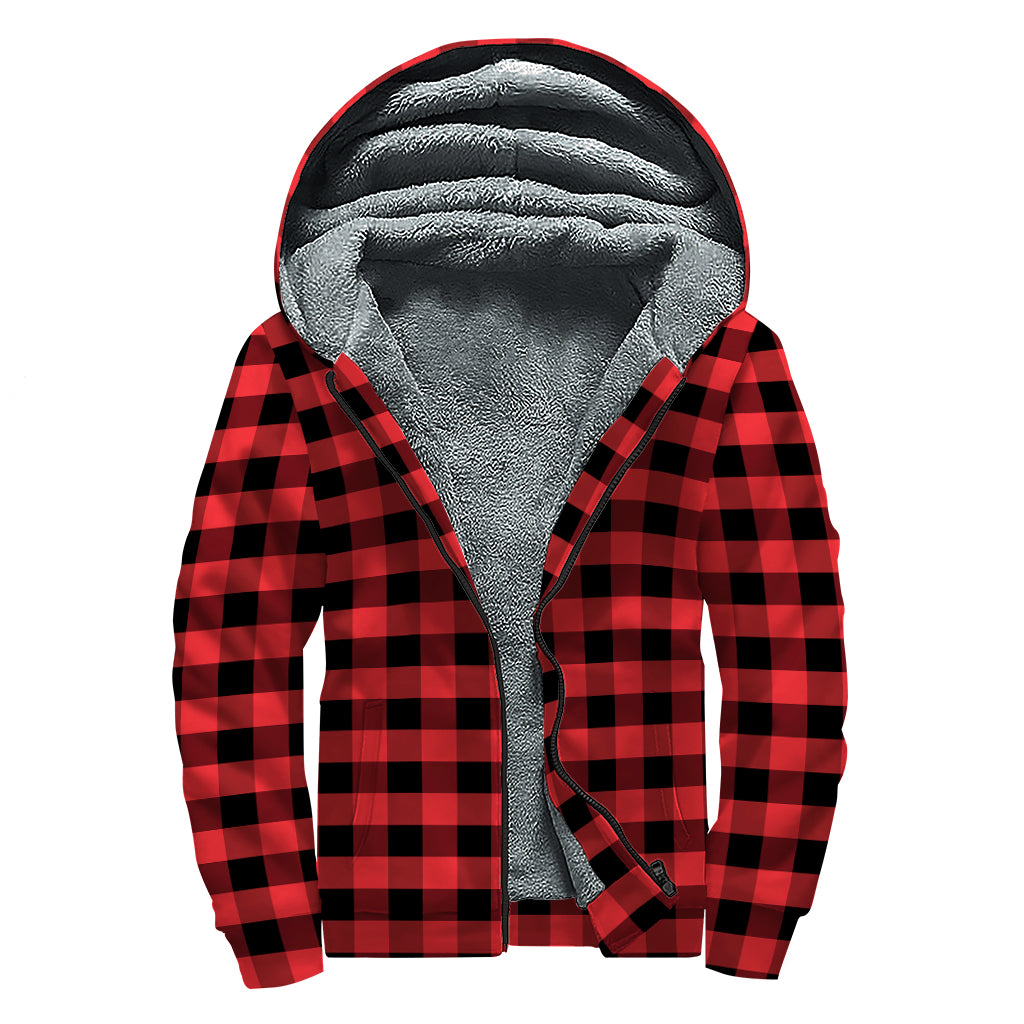 Red And Black Check Pattern Print Sherpa Lined Zip Up Hoodie