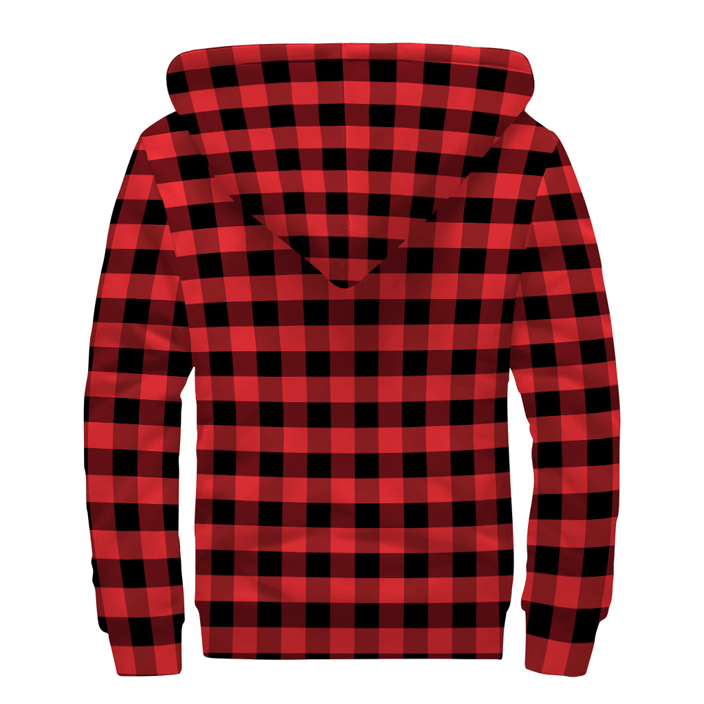 Red And Black Check Pattern Print Sherpa Lined Zip Up Hoodie