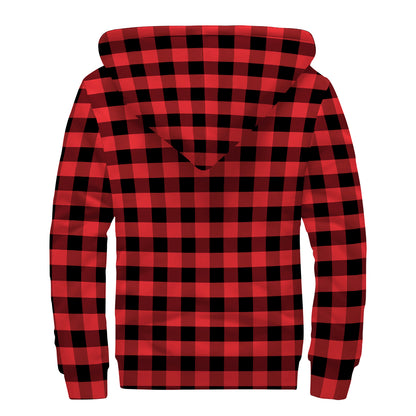 Red And Black Check Pattern Print Sherpa Lined Zip Up Hoodie