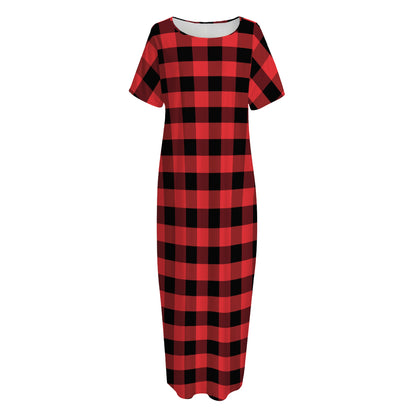 Red And Black Check Pattern Print Short Sleeve Long Nightdress