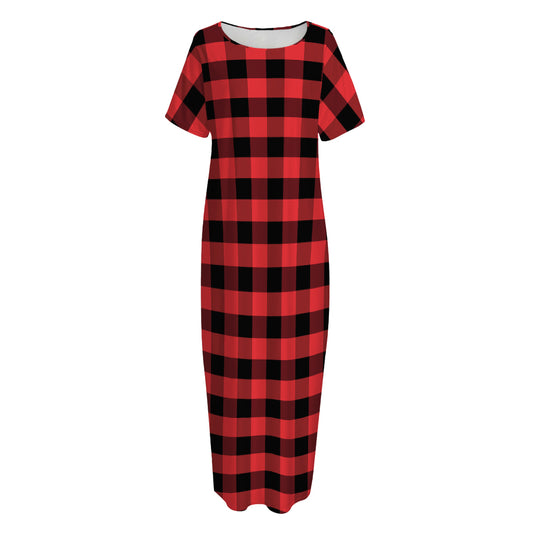 Red And Black Check Pattern Print Short Sleeve Long Nightdress