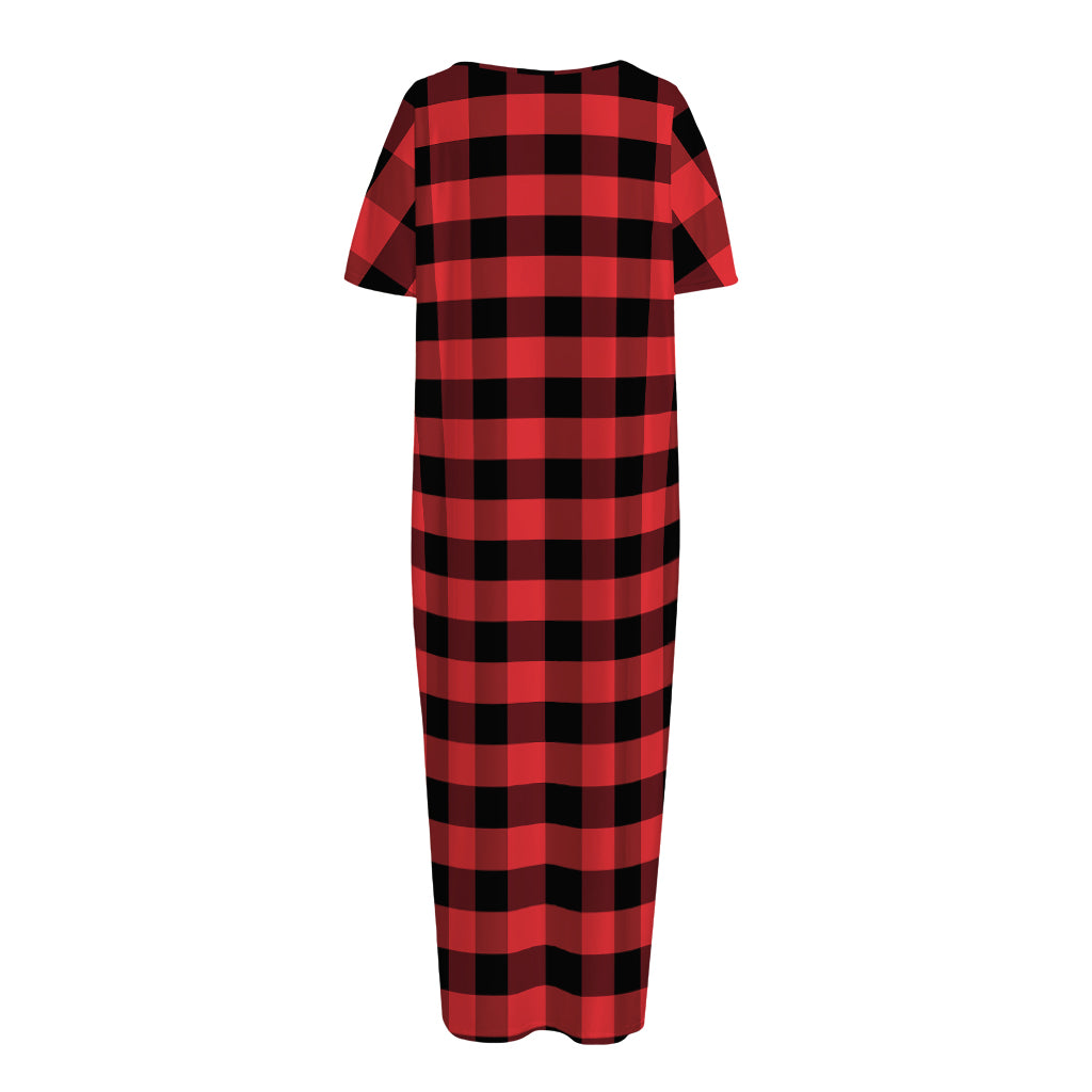 Red And Black Check Pattern Print Short Sleeve Long Nightdress