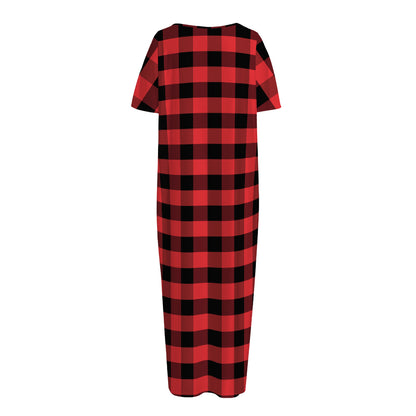 Red And Black Check Pattern Print Short Sleeve Long Nightdress