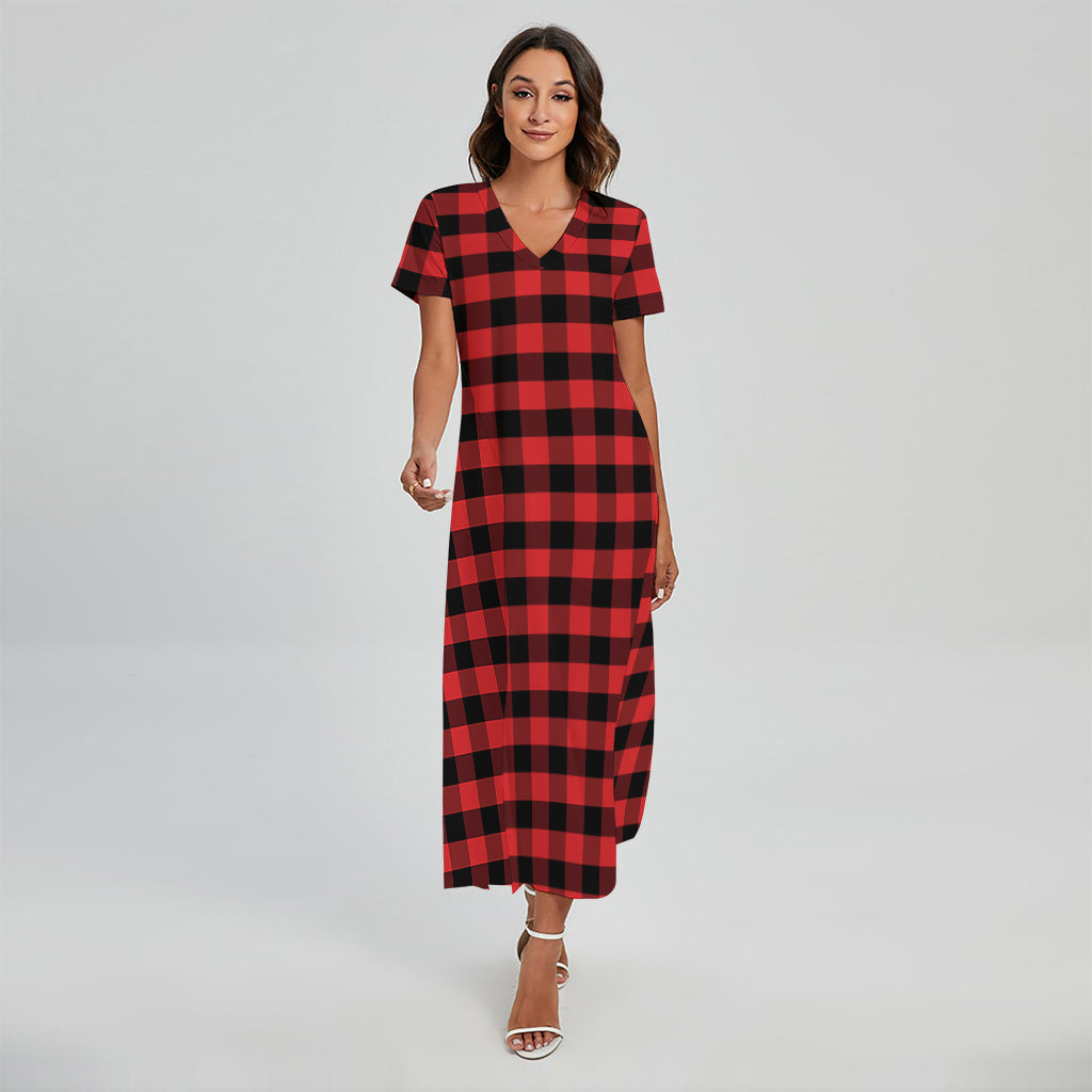 Red And Black Check Pattern Print Short Sleeve Maxi Dress