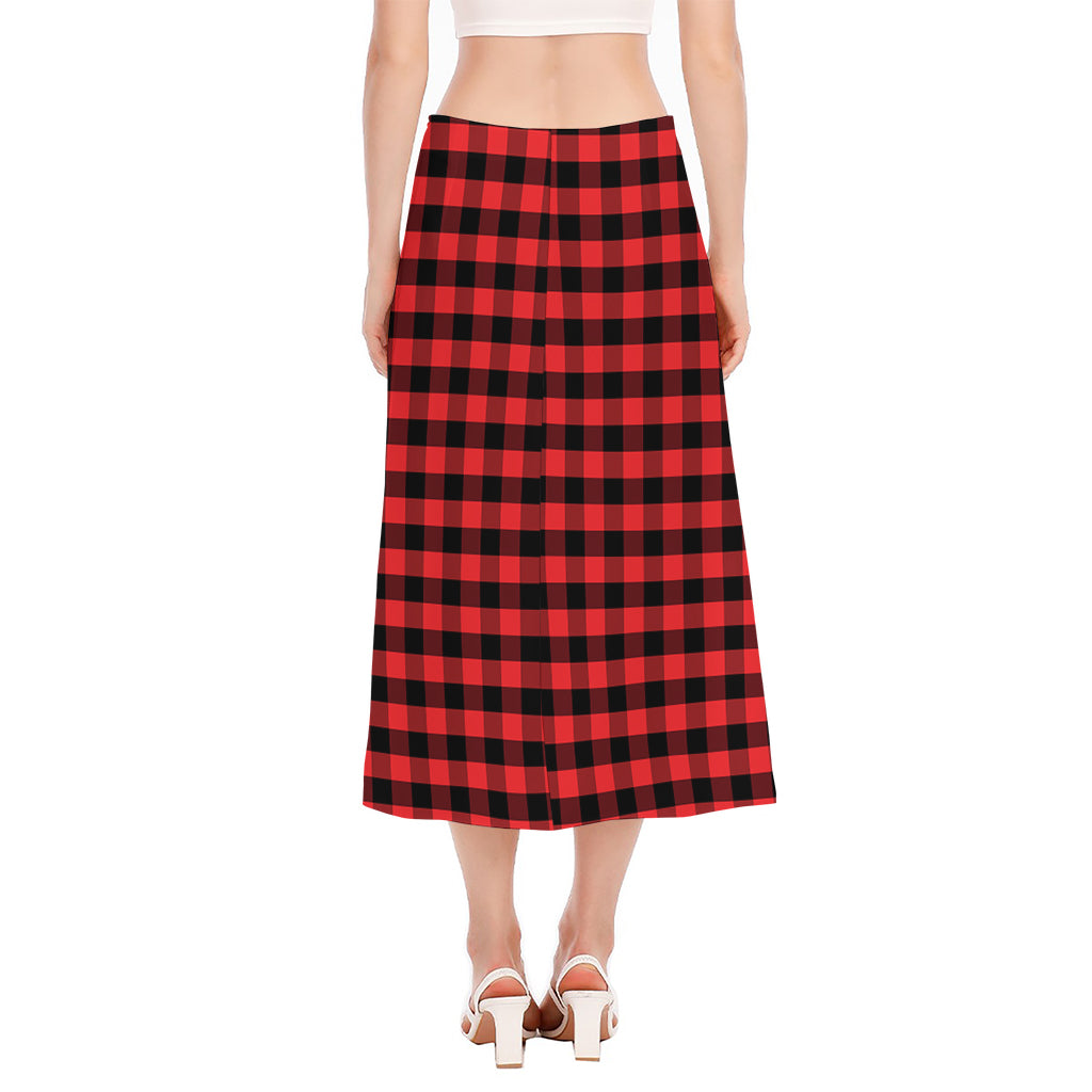 Red And Black Check Pattern Print Side Slit Midi Skirt
