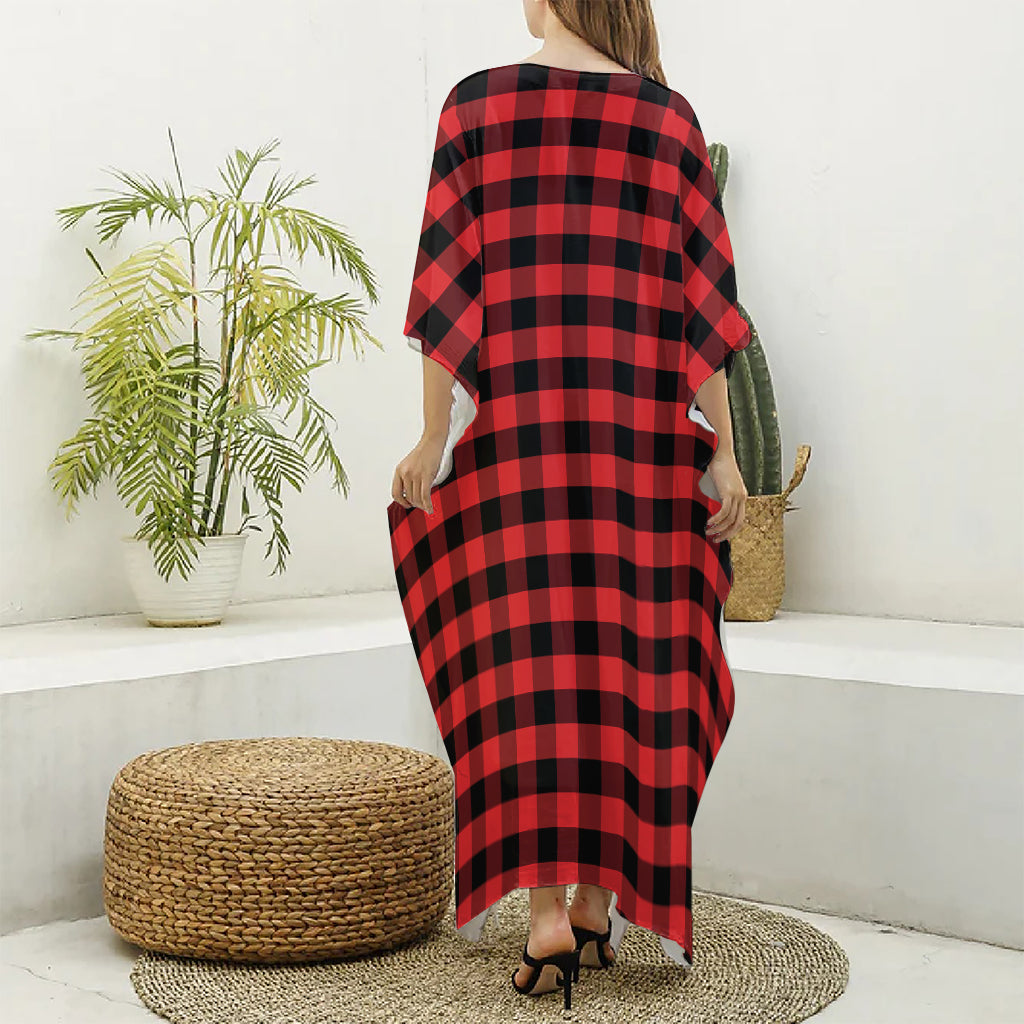 Red And Black Check Pattern Print Silk V-Neck Kaftan Dress