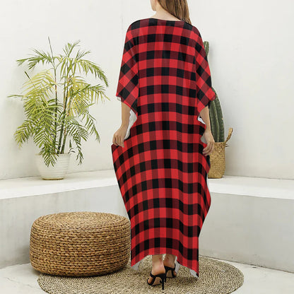Red And Black Check Pattern Print Silk V-Neck Kaftan Dress