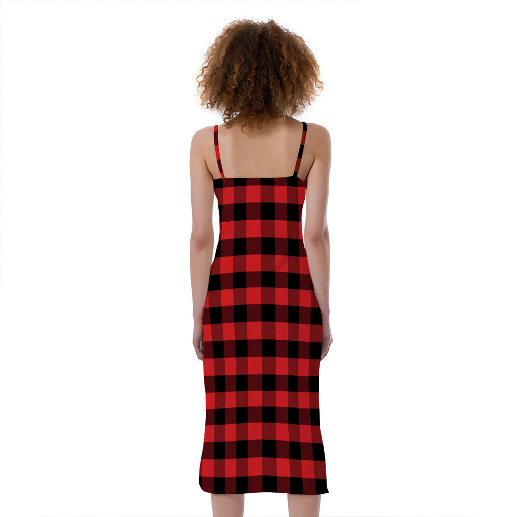 Red And Black Check Pattern Print Slim Fit Midi Cami Dress