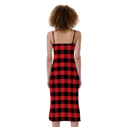 Red And Black Check Pattern Print Slim Fit Midi Cami Dress