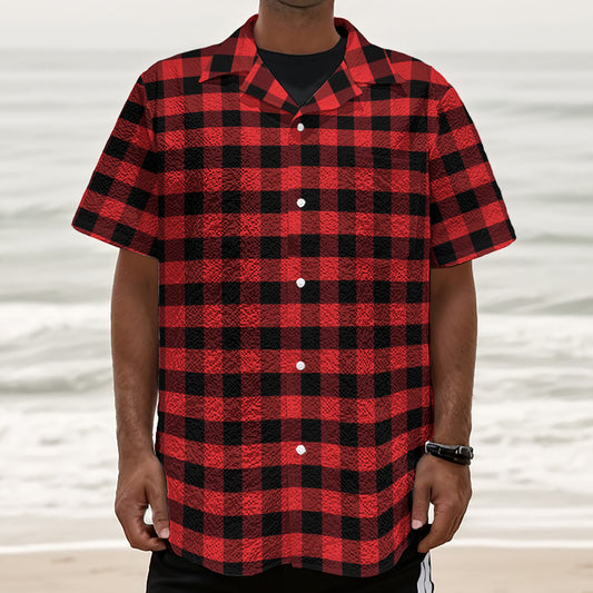 Red And Black Check Pattern Print Textured Short Sleeve Shirt