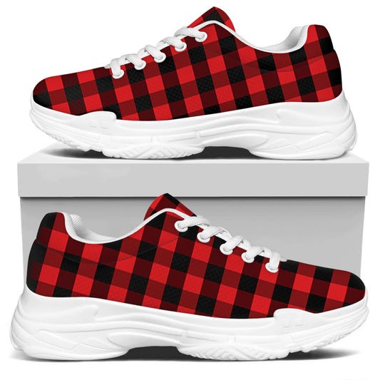 Red And Black Check Pattern Print White Chunky Shoes