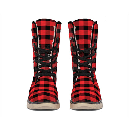 Red And Black Check Pattern Print Winter Boots