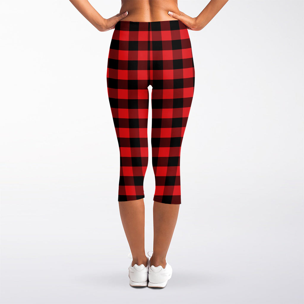 Red And Black Check Pattern Print Women's Capri Leggings