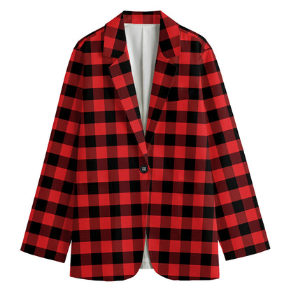 Red And Black Check Pattern Print Women's Cotton Blazer