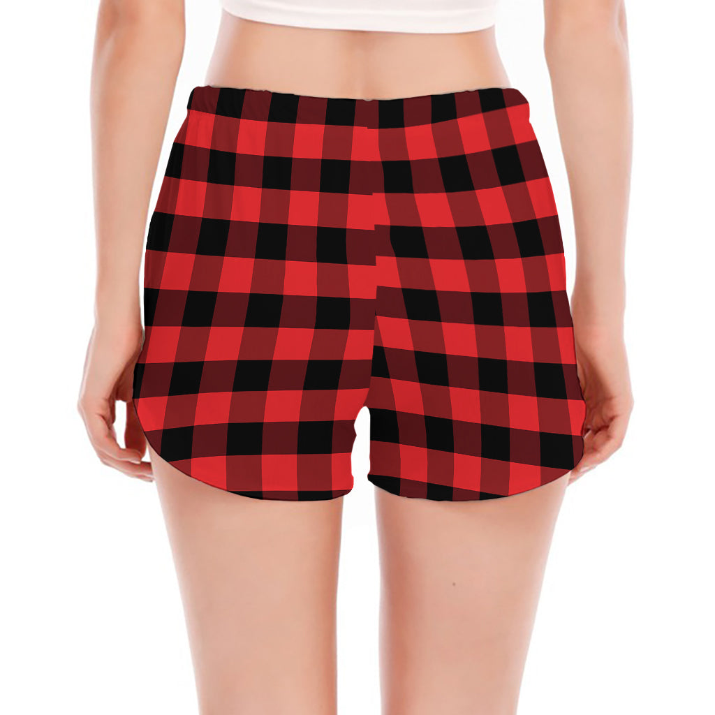 Red And Black Check Pattern Print Women's Split Running Shorts
