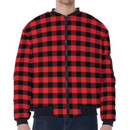 Red And Black Check Pattern Print Zip Sleeve Bomber Jacket
