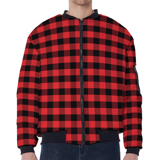 Red And Black Check Pattern Print Zip Sleeve Bomber Jacket