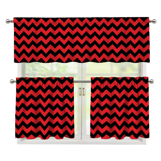 Red And Black Chevron Pattern Print 3 Piece Kitchen Curtains