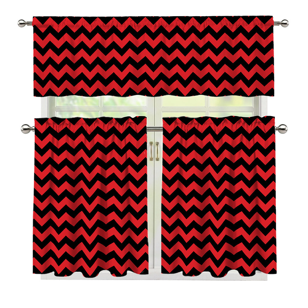 Red And Black Chevron Pattern Print 3 Piece Kitchen Curtains