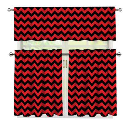Red And Black Chevron Pattern Print 3 Piece Kitchen Curtains