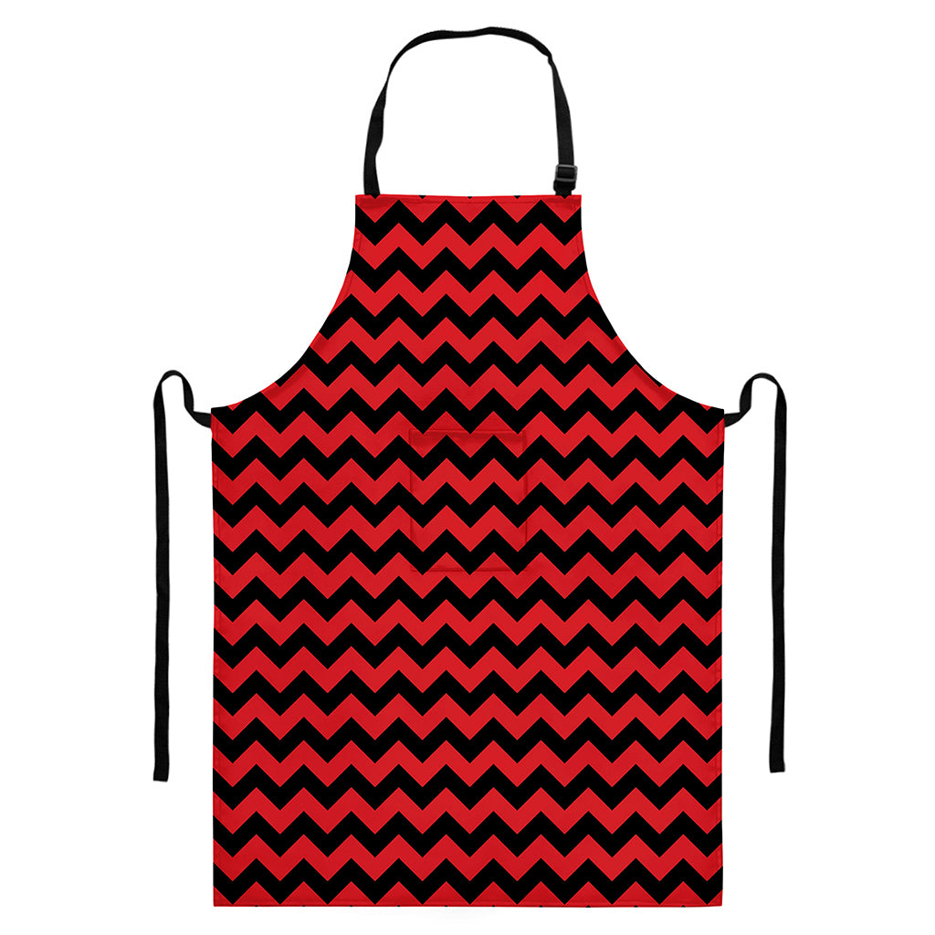 Red And Black Chevron Pattern Print Bib Apron With Pocket