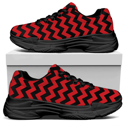 Red And Black Chevron Pattern Print Black Chunky Shoes