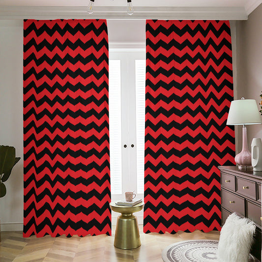 Red And Black Chevron Pattern Print Blackout Pencil Pleat Curtains