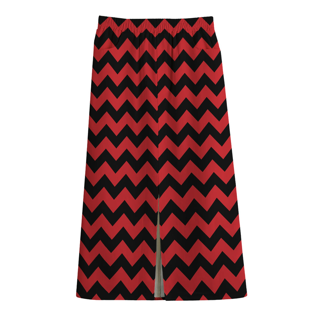 Red And Black Chevron Pattern Print Cotton Front Slit Maxi Skirt