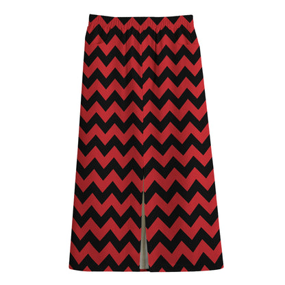 Red And Black Chevron Pattern Print Cotton Front Slit Maxi Skirt