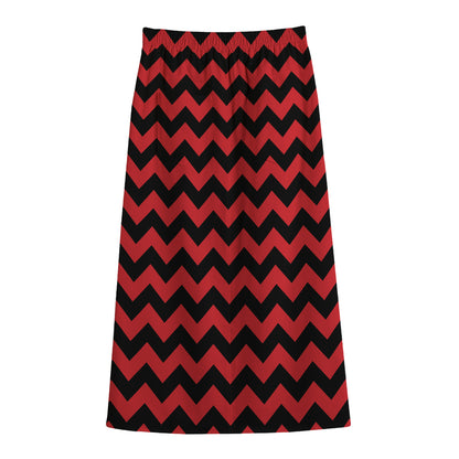 Red And Black Chevron Pattern Print Cotton Front Slit Maxi Skirt