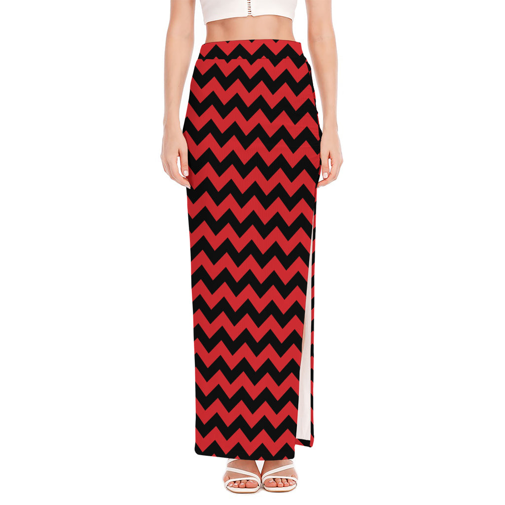 Red And Black Chevron Pattern Print High Slit Maxi Skirt