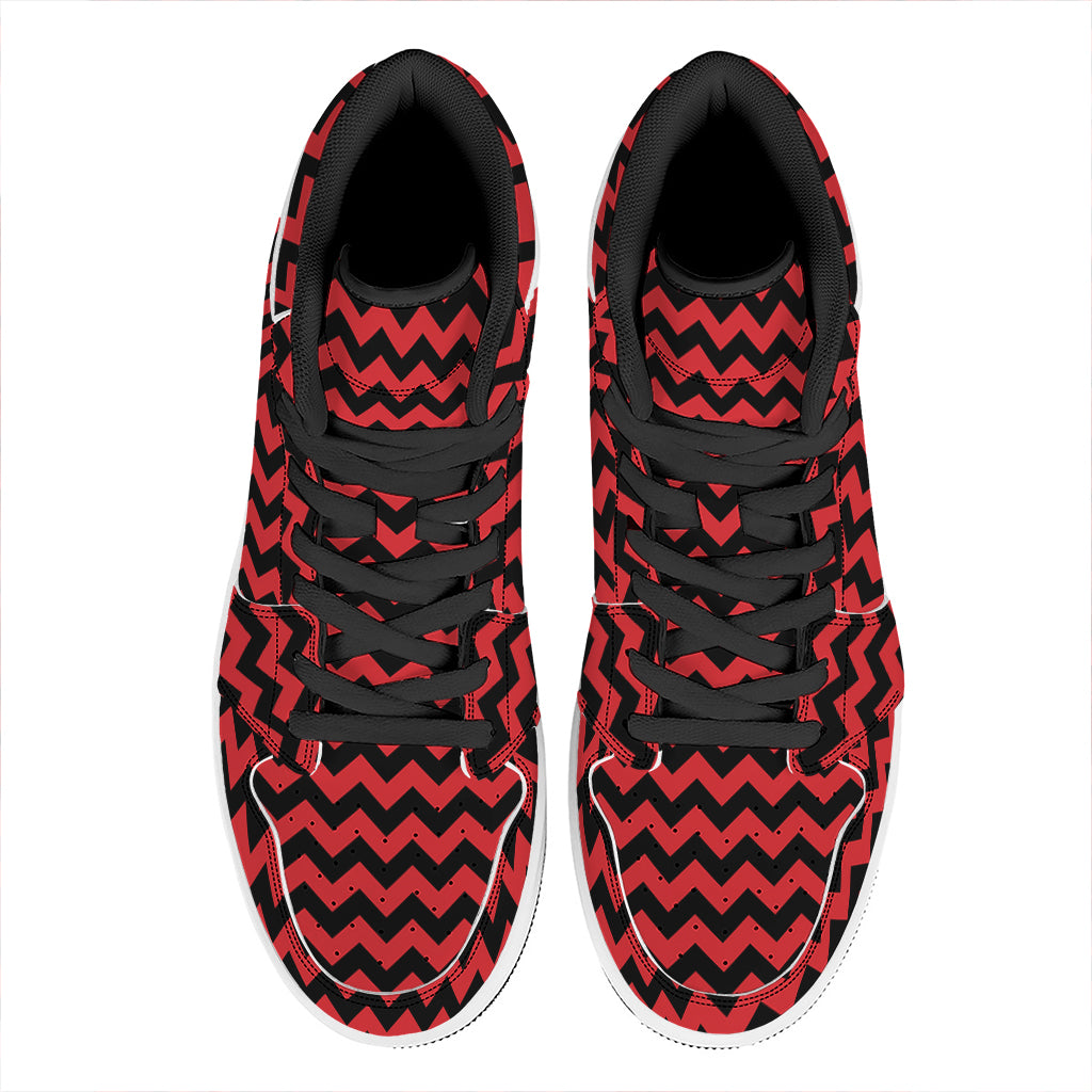 Red And Black Chevron Pattern Print High Top Leather Sneakers