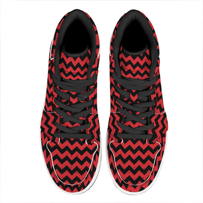 Red And Black Chevron Pattern Print High Top Leather Sneakers