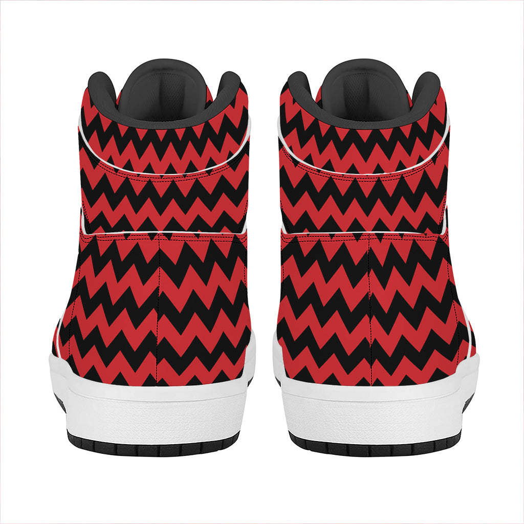 Red And Black Chevron Pattern Print High Top Leather Sneakers