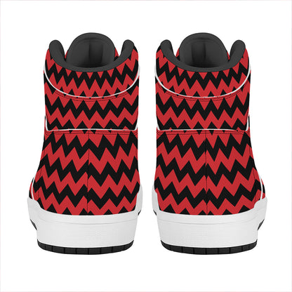 Red And Black Chevron Pattern Print High Top Leather Sneakers
