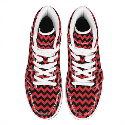 Red And Black Chevron Pattern Print High Top Leather Sneakers