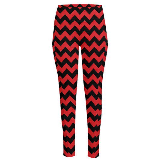 Red And Black Chevron Pattern Print High-Waisted Pocket Leggings
