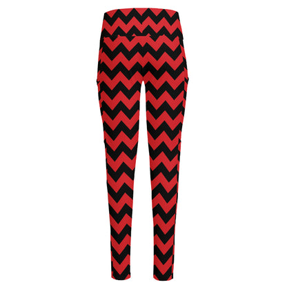 Red And Black Chevron Pattern Print High-Waisted Pocket Leggings
