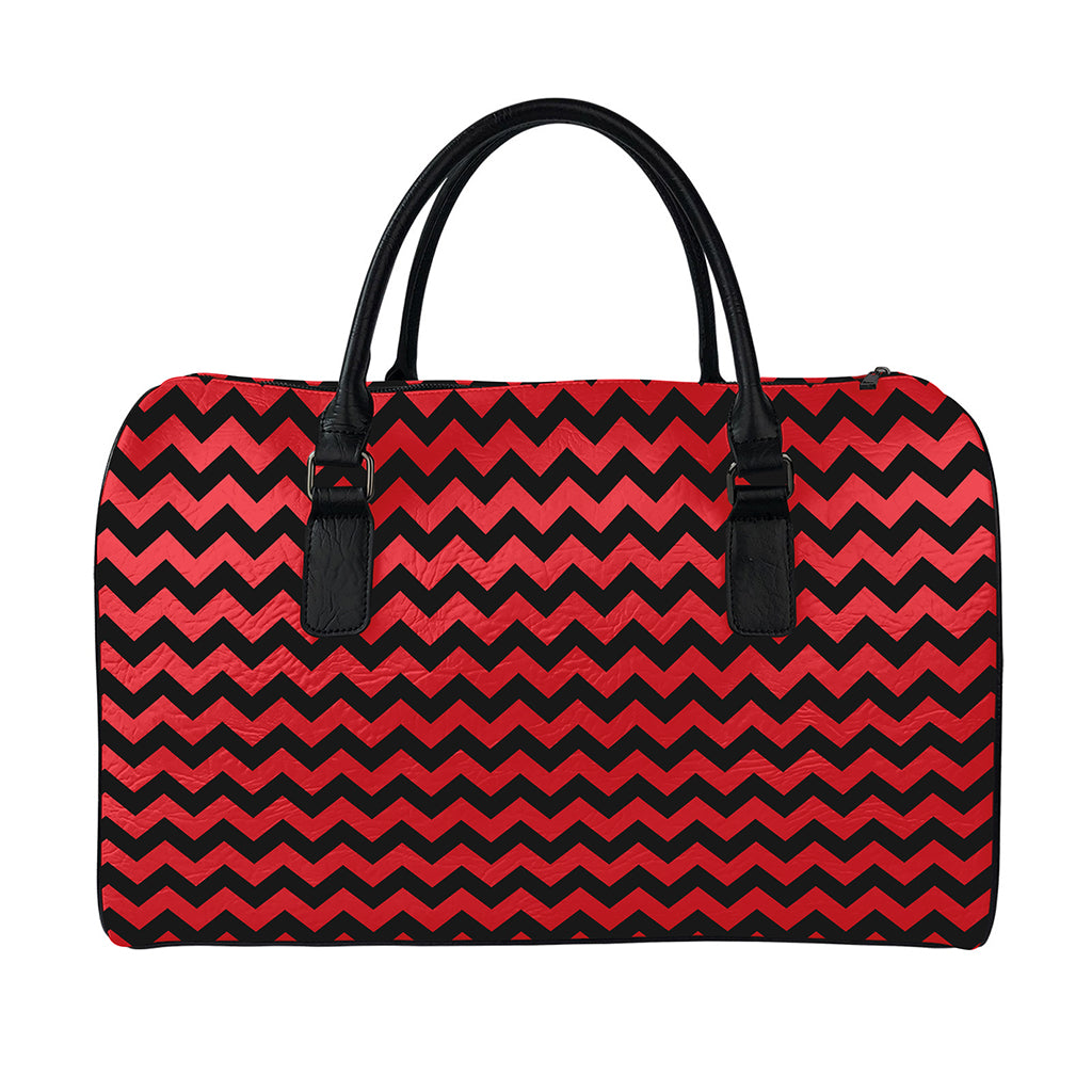 Red And Black Chevron Pattern Print Leather Duffle Bag